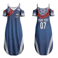 Manu Samoa Rugby Custom Navy Blue Couples Matching Summer Maxi Dress and Hawaiian Shirt ʻIe Toga Pattern With Red Ula fala LT7 - Polynesian Pride