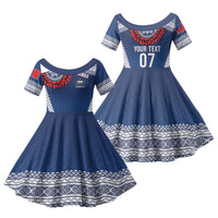 Manu Samoa Rugby Custom Navy Blue Family Matching Mermaid Dress and Hawaiian Shirt ʻIe Toga Pattern With Red Ula fala LT7 Daughter's Dress Navy Blue - Polynesian Pride