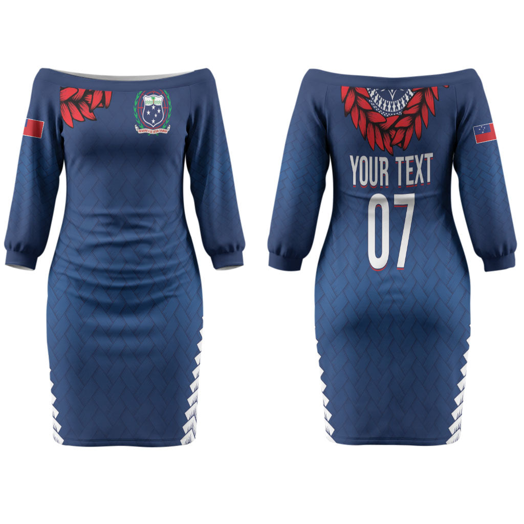 Manu Samoa Rugby Custom Navy Blue Family Matching Off The Shoulder Long Sleeve Dress and Hawaiian Shirt ʻIe Toga Pattern With Red Ula fala LT7 Mom's Dress Navy Blue - Polynesian Pride