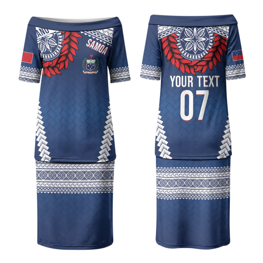 Manu Samoa Rugby Custom Navy Blue Family Matching Puletasi and Hawaiian Shirt ʻIe Toga Pattern With Red Ula fala LT7 Mom's Dress Navy Blue - Polynesian Pride