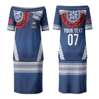 Manu Samoa Rugby Custom Navy Blue Family Matching Puletasi and Hawaiian Shirt ʻIe Toga Pattern With Red Ula fala LT7 Mom's Dress Navy Blue - Polynesian Pride