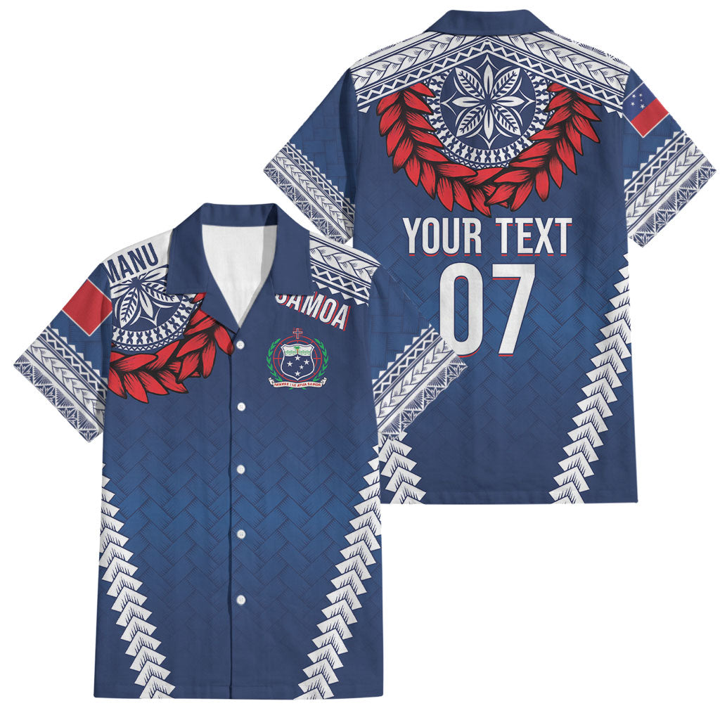 Manu Samoa Rugby Custom Navy Blue Family Matching Puletasi and Hawaiian Shirt ʻIe Toga Pattern With Red Ula fala LT7 Dad's Shirt - Short Sleeve Navy Blue - Polynesian Pride