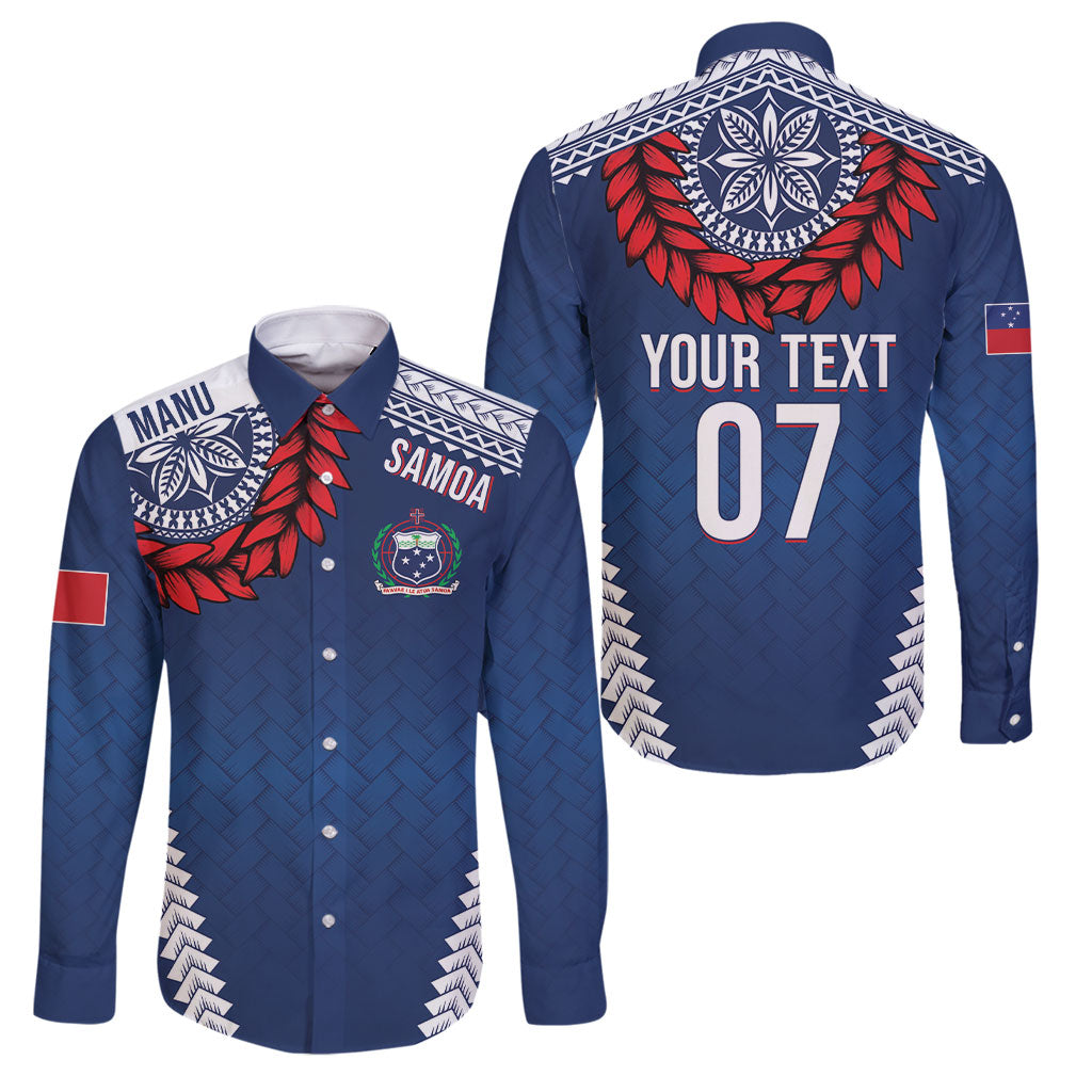 Manu Samoa Rugby Custom Navy Blue Family Matching Puletasi and Hawaiian Shirt ʻIe Toga Pattern With Red Ula fala LT7 Dad's Shirt - Long Sleeve Navy Blue - Polynesian Pride