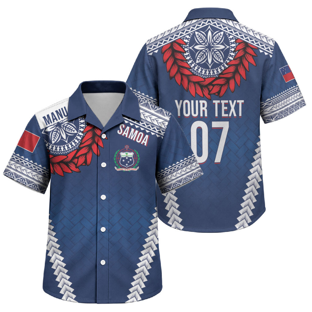 Manu Samoa Rugby Custom Navy Blue Family Matching Puletasi and Hawaiian Shirt ʻIe Toga Pattern With Red Ula fala LT7 Son's Shirt Navy Blue - Polynesian Pride