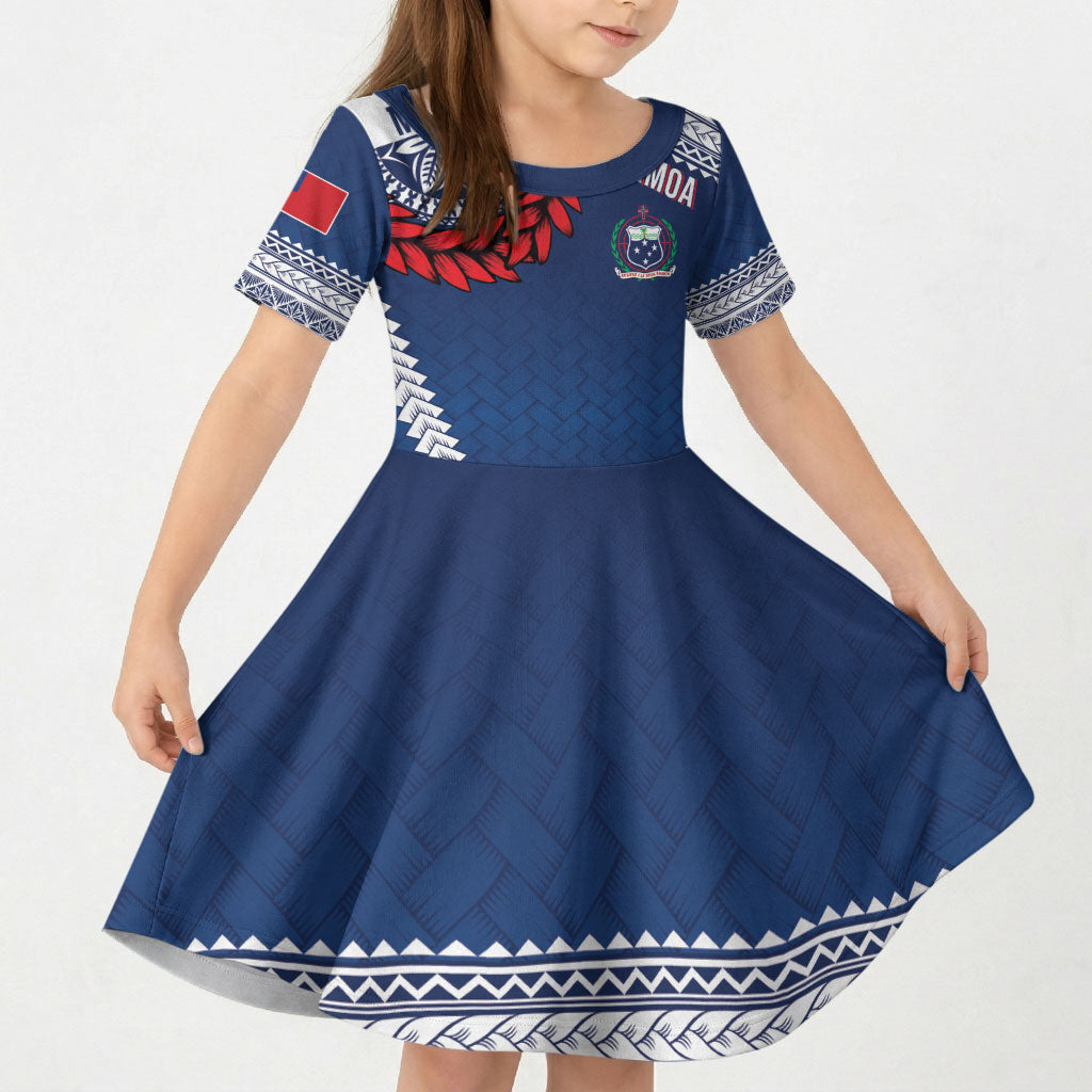 Manu Samoa Rugby Custom Navy Blue Kid Short Sleeve Dress ʻIe Toga Pattern With Red Ula fala