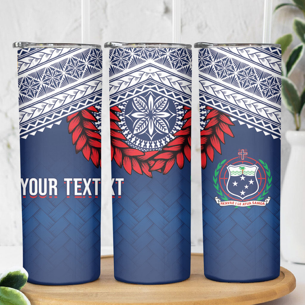 Manu Samoa Rugby Custom Navy Blue Skinny Tumbler ʻIe Toga Pattern With Red Ula fala LT7 - Polynesian Pride
