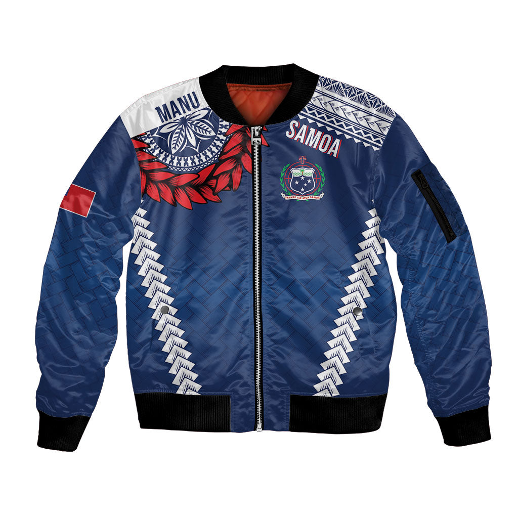 Manu Samoa Rugby Custom Navy Blue Sleeve Zip Bomber Jacket ʻIe Toga Pattern With Red Ula fala