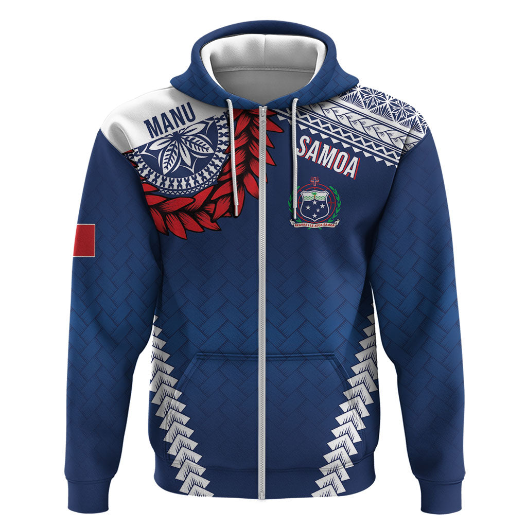 Manu Samoa Rugby Custom Navy Blue Zip Hoodie ʻIe Toga Pattern With Red Ula fala