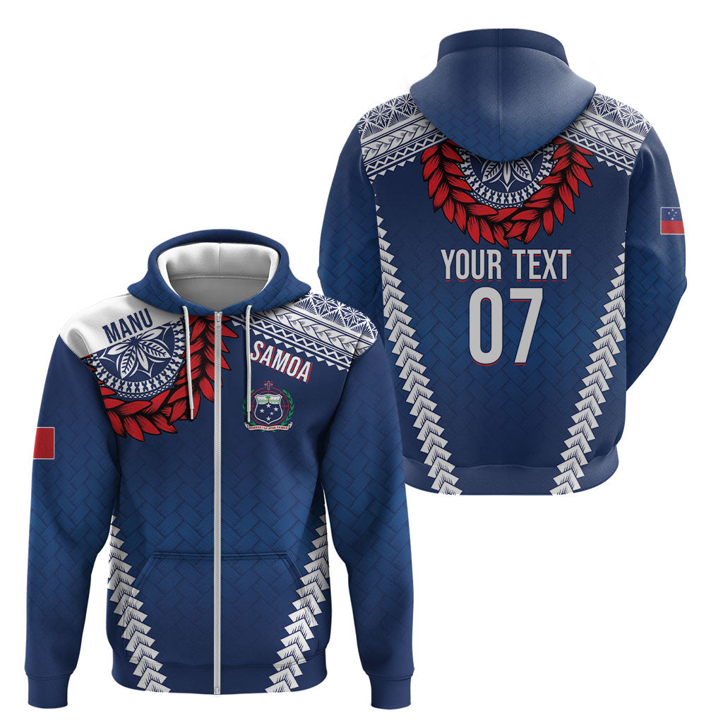 Manu Samoa Rugby Custom Navy Blue Zip Hoodie ʻIe Toga Pattern With Red Ula fala LT7 - Polynesian Pride