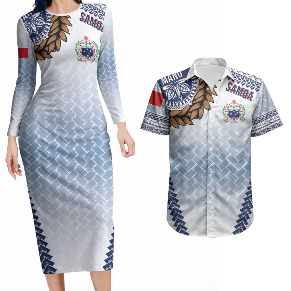 Manu Samoa Rugby Custom White Couples Matching Long Sleeve Bodycon Dress and Hawaiian Shirt ʻIe Toga Pattern With Brown Ula fala