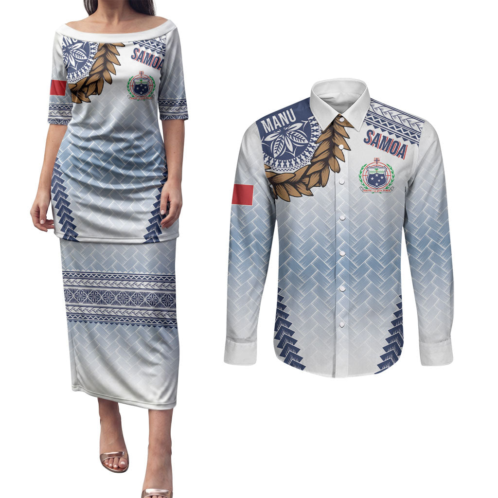 Manu Samoa Rugby Custom White Couples Matching Puletasi and Long Sleeve Button Shirt ʻIe Toga Pattern With Brown Ula fala