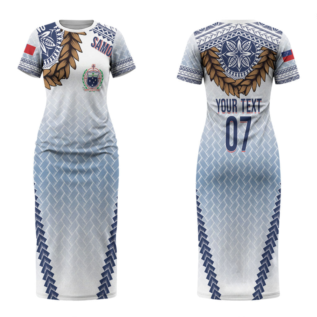 Manu Samoa Rugby Custom White Couples Matching Short Sleeve Bodycon Dress and Hawaiian Shirt ʻIe Toga Pattern With Brown Ula fala LT7 - Polynesian Pride