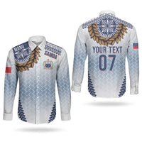 Manu Samoa Rugby Custom White Couples Matching Tank Maxi Dress and Long Sleeve Button Shirt ʻIe Toga Pattern With Brown Ula fala LT7 - Polynesian Pride