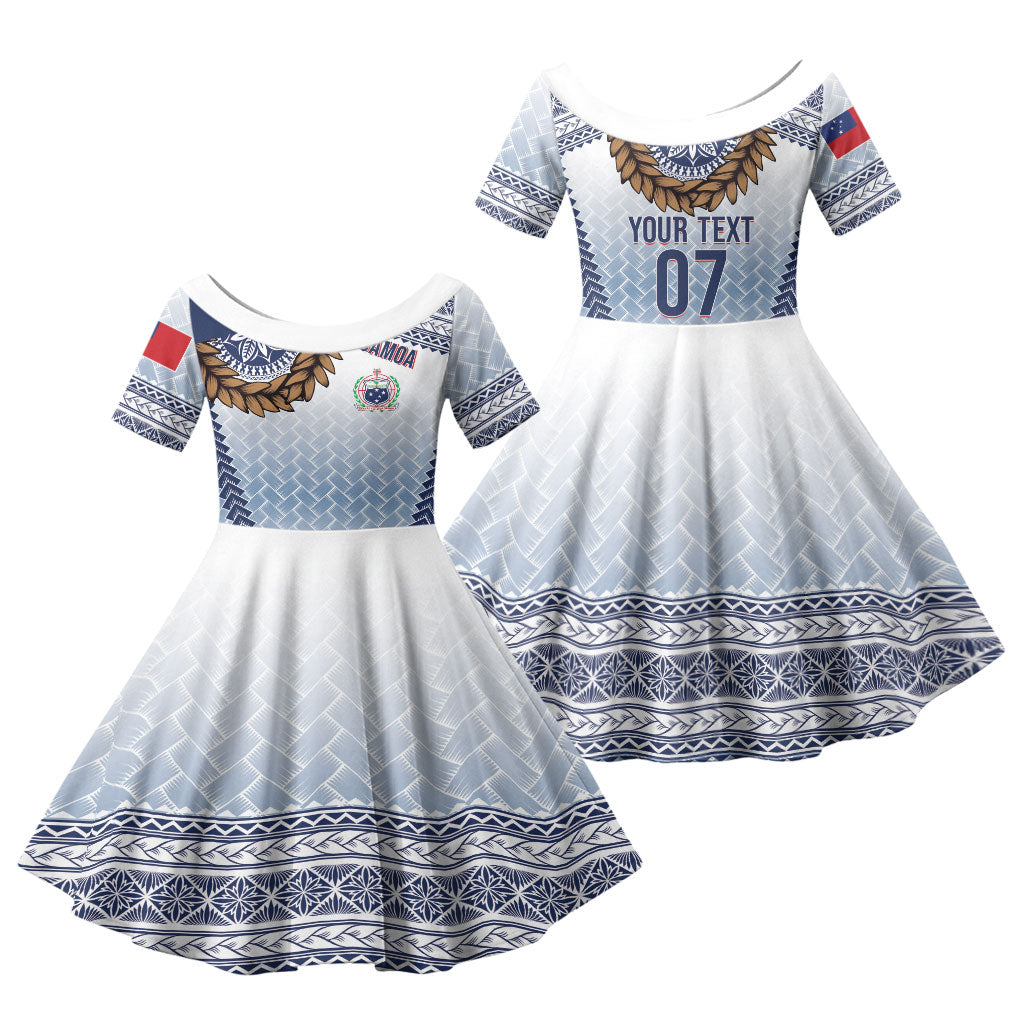 Manu Samoa Rugby Custom White Family Matching Mermaid Dress and Hawaiian Shirt ʻIe Toga Pattern With Brown Ula fala LT7 Daughter's Dress White - Polynesian Pride