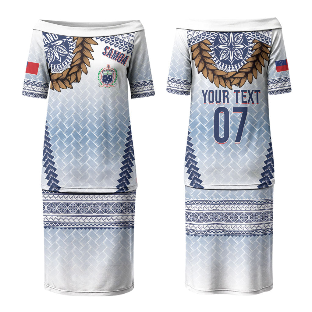Manu Samoa Rugby Custom White Family Matching Puletasi and Hawaiian Shirt ʻIe Toga Pattern With Brown Ula fala LT7 Mom's Dress White - Polynesian Pride