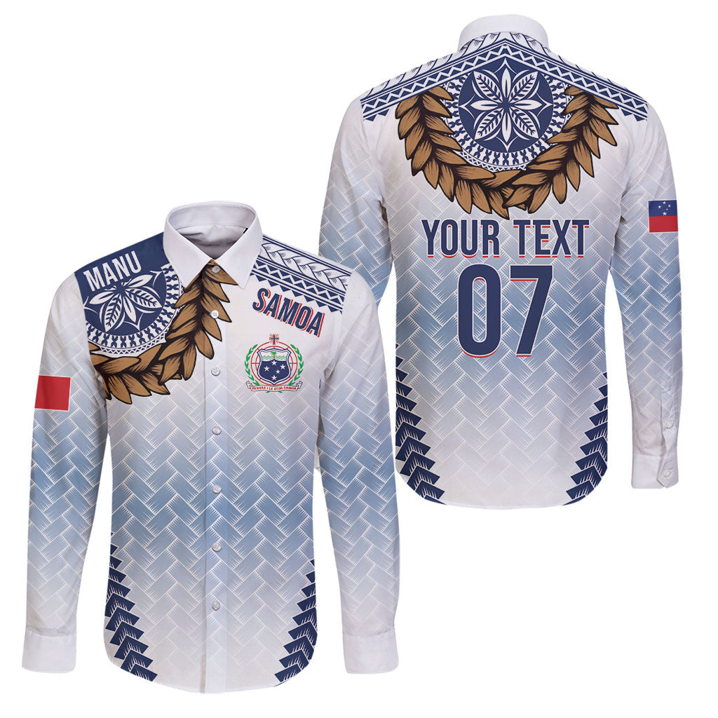 Manu Samoa Rugby Custom White Family Matching Puletasi and Hawaiian Shirt ʻIe Toga Pattern With Brown Ula fala LT7 Dad's Shirt - Long Sleeve White - Polynesian Pride
