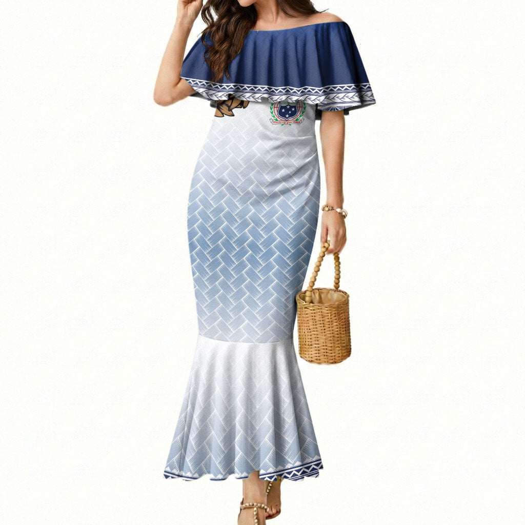 Manu Samoa Rugby Custom White Mermaid Dress ʻIe Toga Pattern With Brown Ula fala
