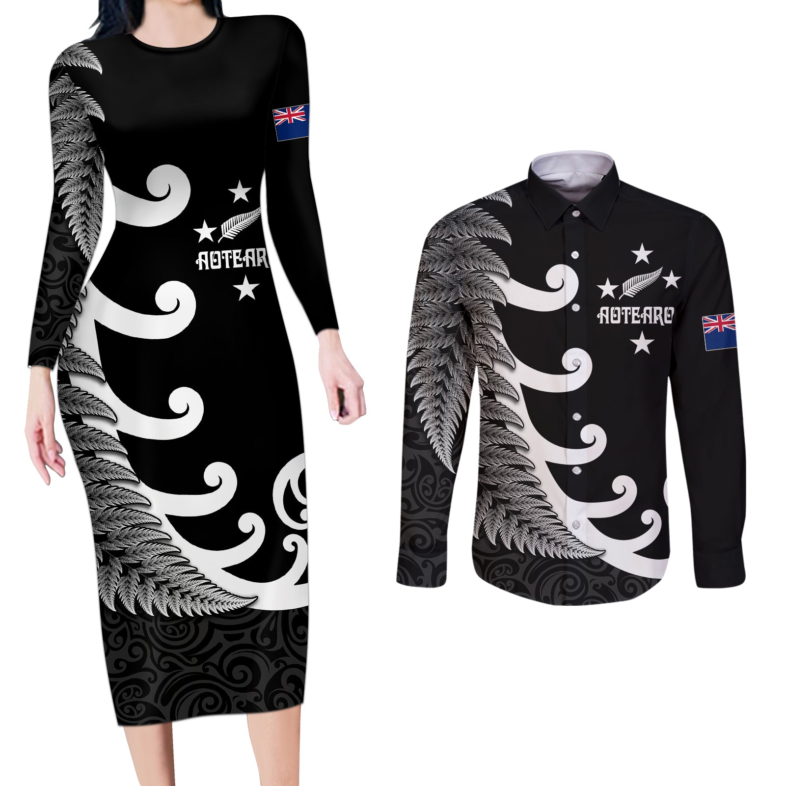 Personalised New Zealand Rugby Couples Matching Long Sleeve Bodycon Dress and Long Sleeve Button Shirts Aotearoa Silver Fern Koru Maori Style LT7 Black - Polynesian Pride