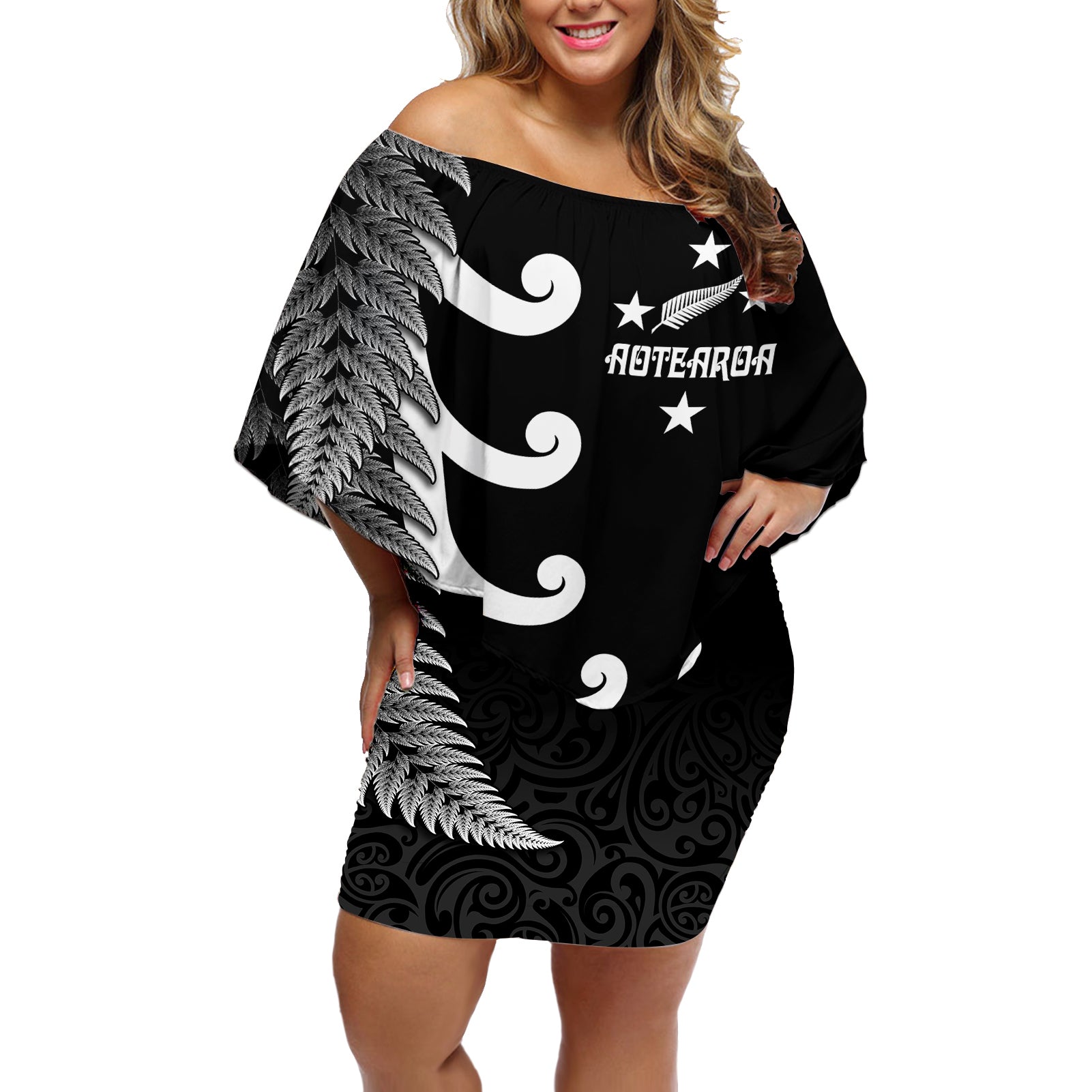 Personalised New Zealand Rugby Off Shoulder Short Dress Aotearoa Silver Fern Koru Maori Style LT7 Women Black - Polynesian Pride