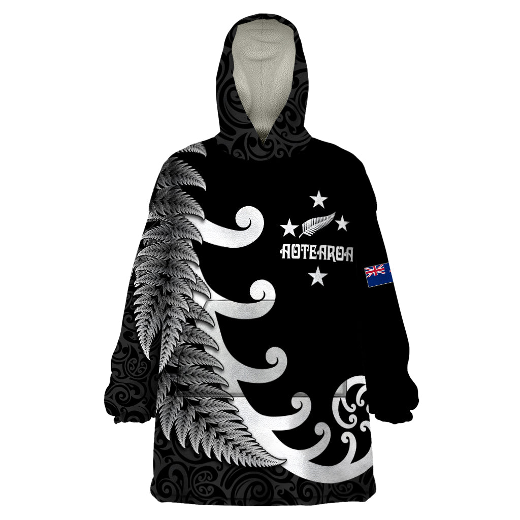 Personalised New Zealand Rugby Wearable Blanket Hoodie Aotearoa Silver Fern Koru Maori Style LT7 One Size Black - Polynesian Pride