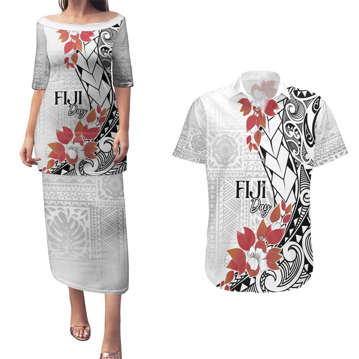 Bula Fiji Day Couples Matching Puletasi and Hawaiian Shirt Tagimaucia on Masi Pattern LT7 White - Polynesian Pride