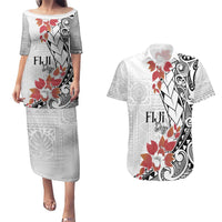 Bula Fiji Day Couples Matching Puletasi and Hawaiian Shirt Tagimaucia on Masi Pattern LT7 White - Polynesian Pride