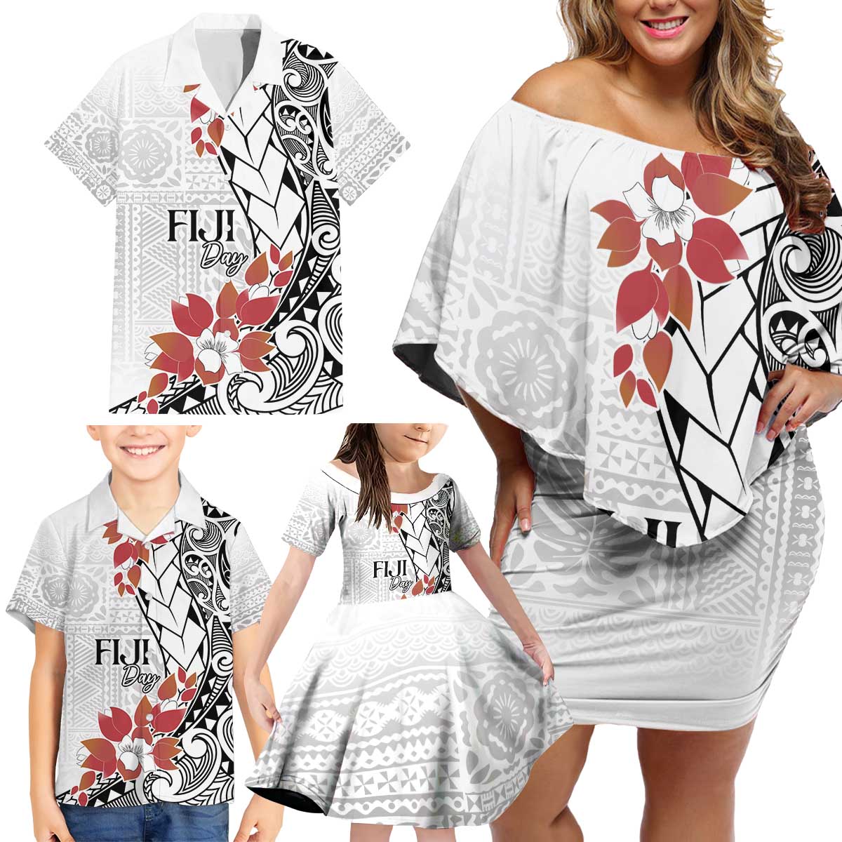 Bula Fiji Day Family Matching Off Shoulder Short Dress and Hawaiian Shirt Tagimaucia on Masi Pattern