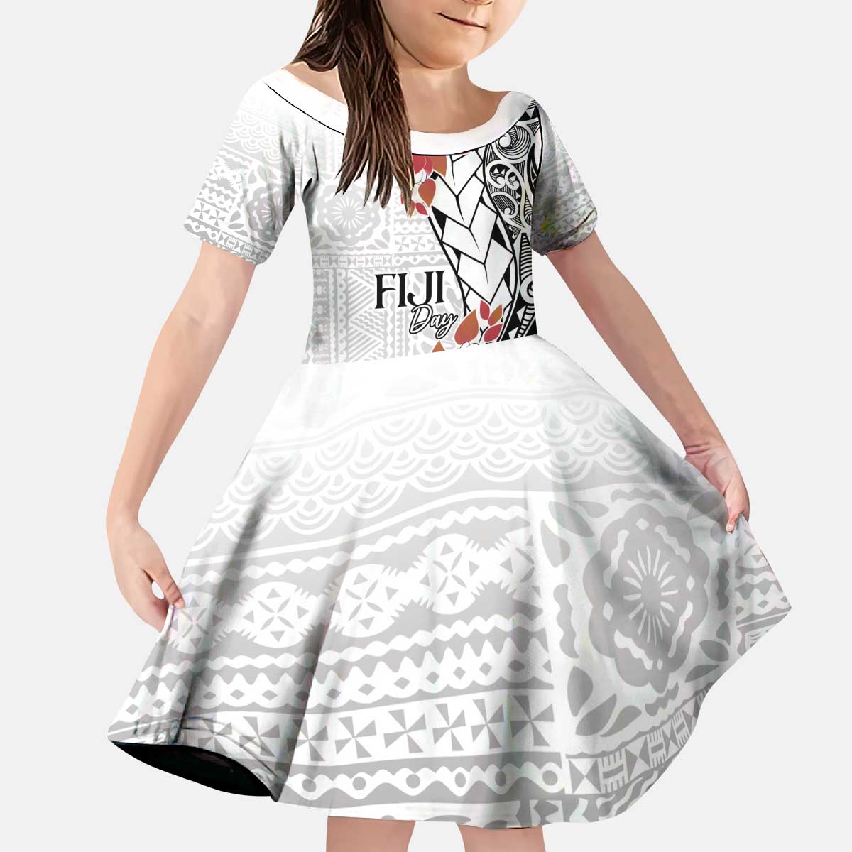 Bula Fiji Day Family Matching Puletasi and Hawaiian Shirt Tagimaucia on Masi Pattern LT7 Daughter's Dress White - Polynesian Pride