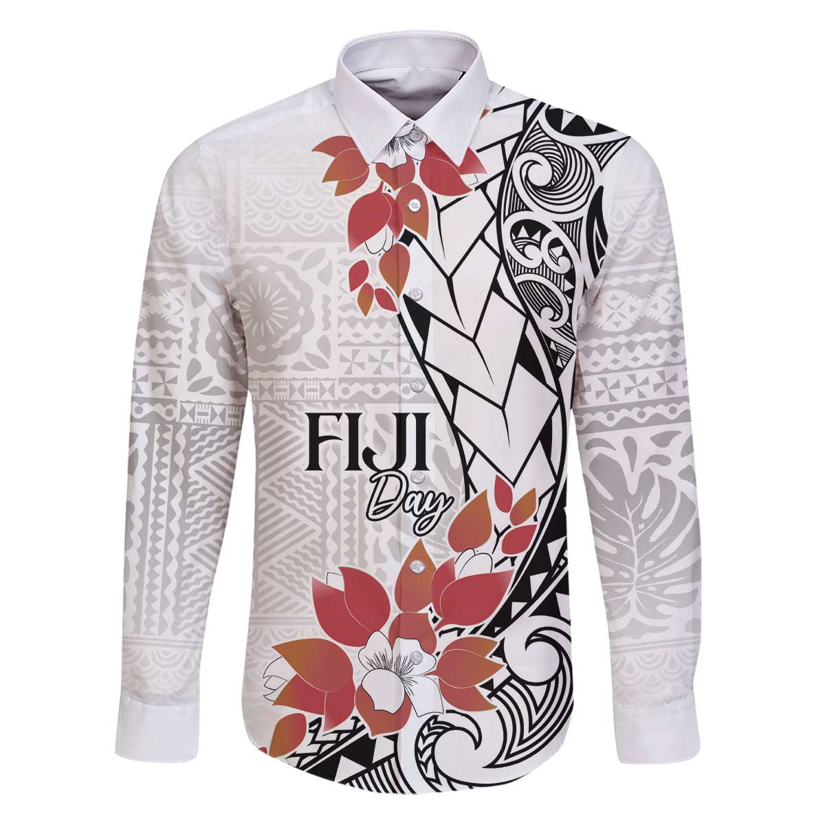 Bula Fiji Day Family Matching Puletasi and Hawaiian Shirt Tagimaucia on Masi Pattern LT7 Dad's Shirt - Long Sleeve White - Polynesian Pride
