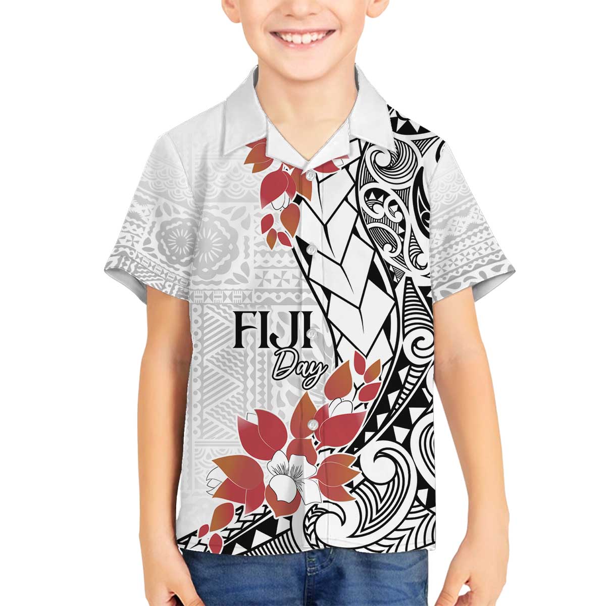 Bula Fiji Day Family Matching Puletasi and Hawaiian Shirt Tagimaucia on Masi Pattern LT7 Son's Shirt White - Polynesian Pride