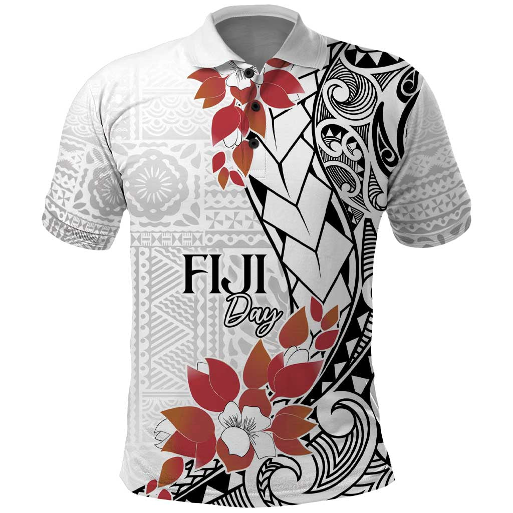 Bula Fiji Day Polo Shirt Tagimaucia on Masi Pattern LT7 White - Polynesian Pride