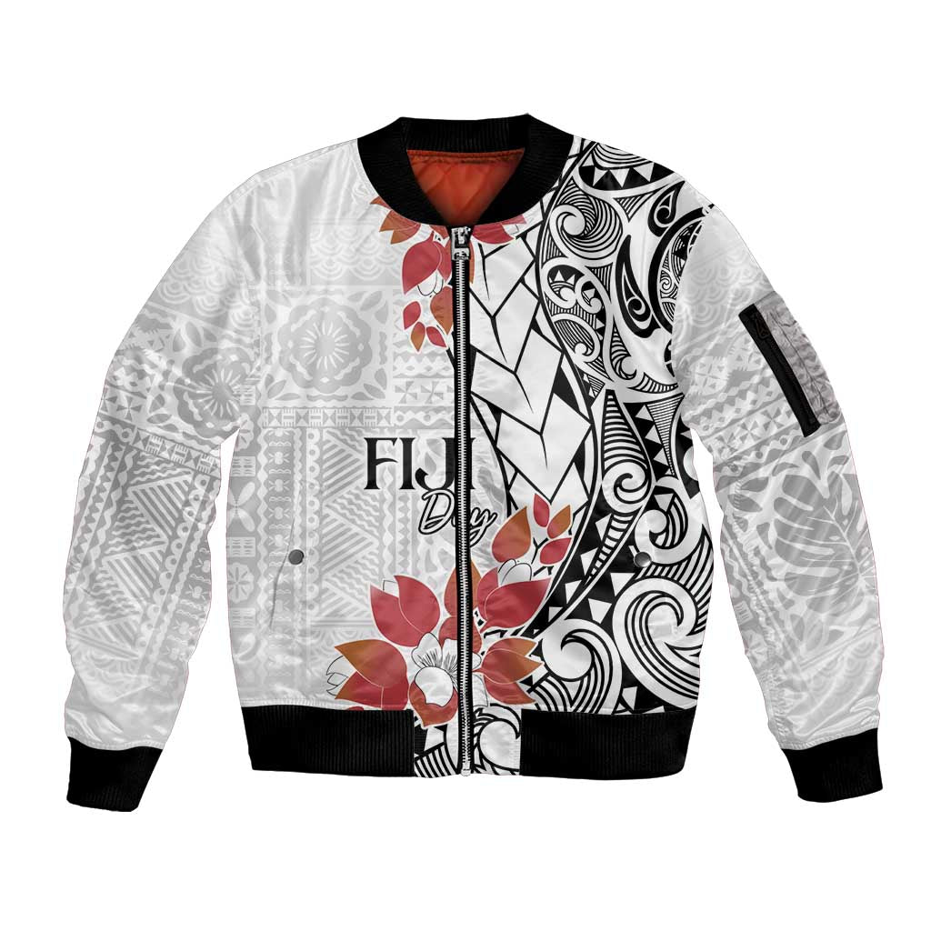 Bula Fiji Day Sleeve Zip Bomber Jacket Tagimaucia on Masi Pattern