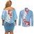 Bula Fiji Day Couples Matching Off Shoulder Short Dress and Long Sleeve Button Shirt Tagimaucia on Masi Pattern - Turquoise