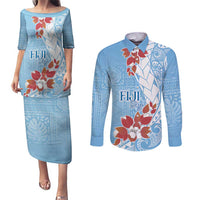 Bula Fiji Day Couples Matching Puletasi and Long Sleeve Button Shirt Tagimaucia on Masi Pattern - Turquoise LT7 Turquoise - Polynesian Pride