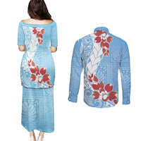 Bula Fiji Day Couples Matching Puletasi and Long Sleeve Button Shirt Tagimaucia on Masi Pattern - Turquoise LT7 - Polynesian Pride
