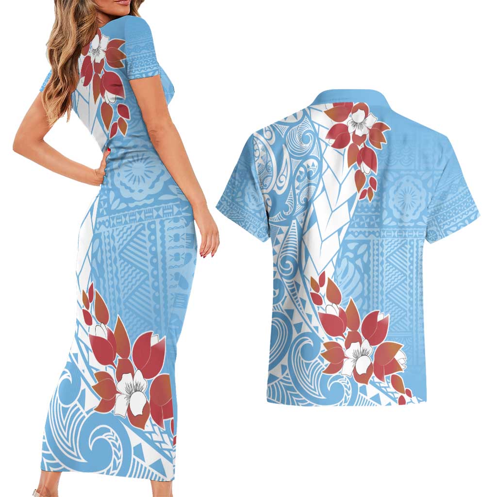 Bula Fiji Day Couples Matching Short Sleeve Bodycon Dress and Hawaiian Shirt Tagimaucia on Masi Pattern - Turquoise