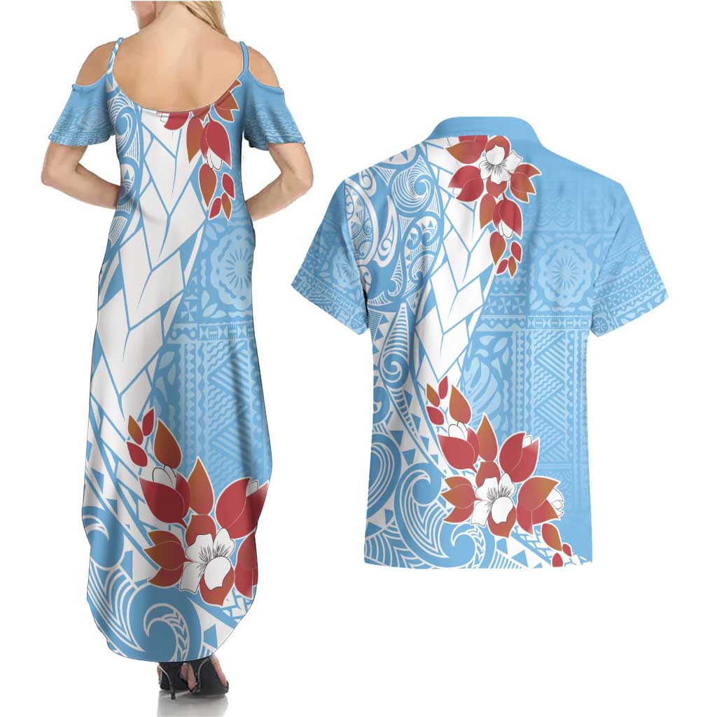 Bula Fiji Day Couples Matching Summer Maxi Dress and Hawaiian Shirt Tagimaucia on Masi Pattern - Turquoise