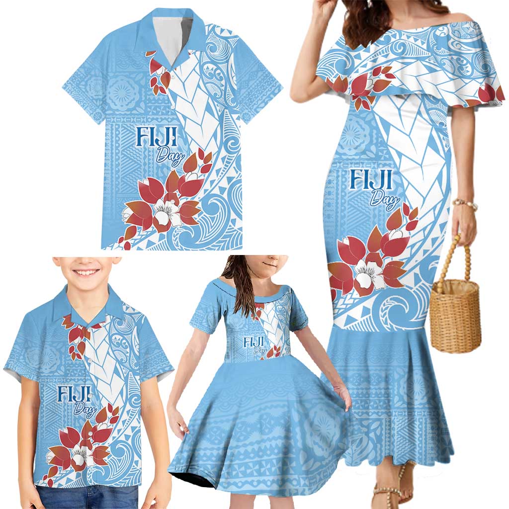 Bula Fiji Day Family Matching Mermaid Dress and Hawaiian Shirt Tagimaucia on Masi Pattern - Turquoise LT7 - Polynesian Pride