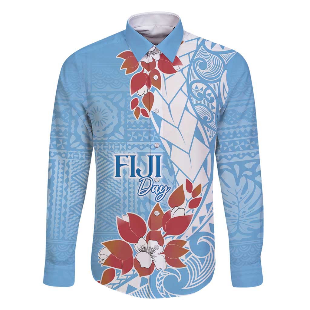 Bula Fiji Day Family Matching Mermaid Dress and Hawaiian Shirt Tagimaucia on Masi Pattern - Turquoise LT7 Dad's Shirt - Long Sleeve Turquoise - Polynesian Pride