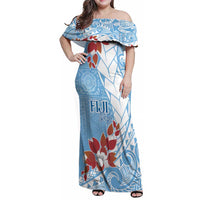 Bula Fiji Day Family Matching Off Shoulder Maxi Dress and Hawaiian Shirt Tagimaucia on Masi Pattern - Turquoise