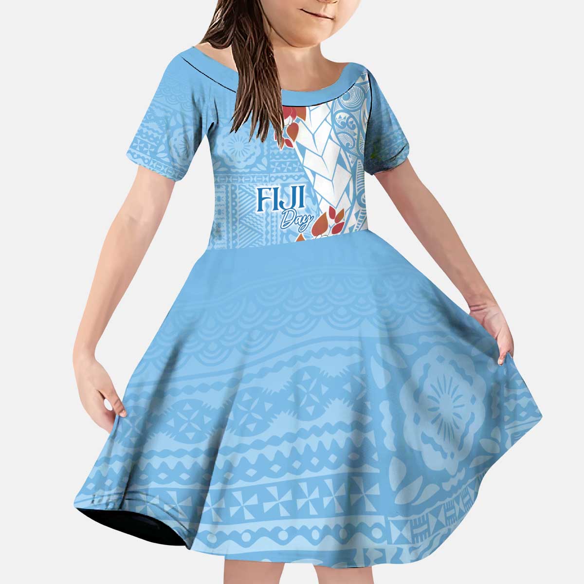 Bula Fiji Day Family Matching Puletasi and Hawaiian Shirt Tagimaucia on Masi Pattern - Turquoise LT7 Daughter's Dress Turquoise - Polynesian Pride