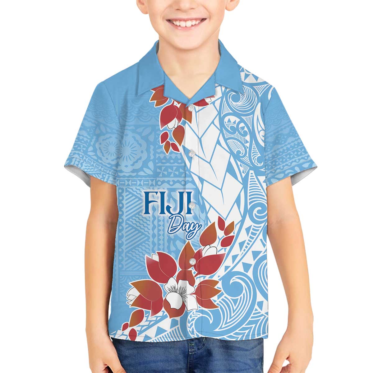 Bula Fiji Day Family Matching Puletasi and Hawaiian Shirt Tagimaucia on Masi Pattern - Turquoise LT7 Son's Shirt Turquoise - Polynesian Pride