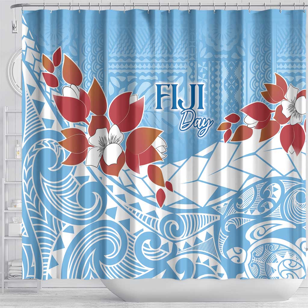 Bula Fiji Day Shower Curtain Tagimaucia on Masi Pattern - Turquoise