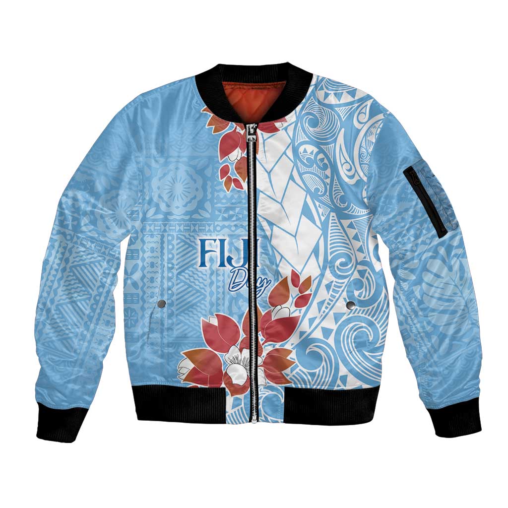 Bula Fiji Day Sleeve Zip Bomber Jacket Tagimaucia on Masi Pattern - Turquoise