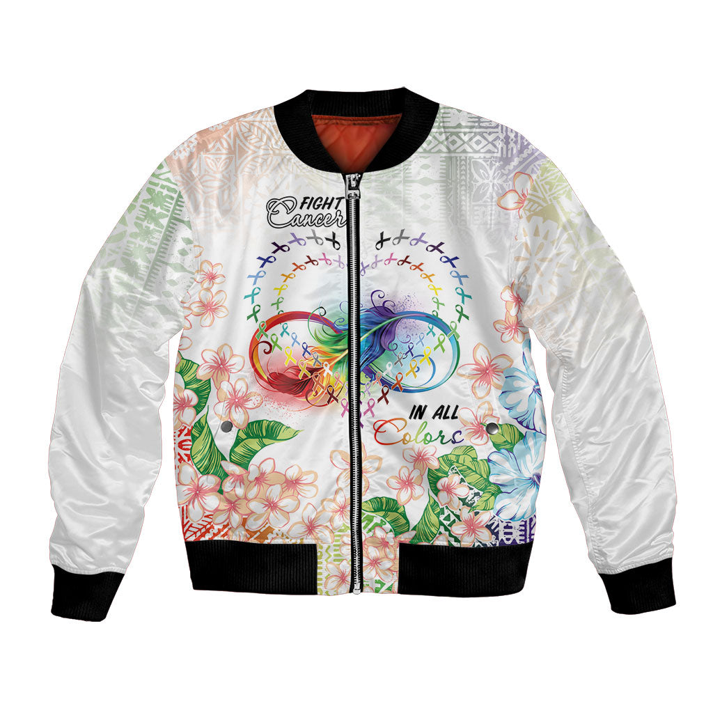 Fight Cancer In All Colors Bomber Jacket Plumeria Mix Tapa Pattern
