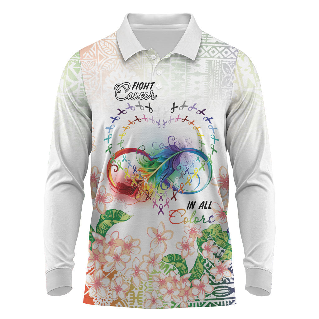 Fight Cancer In All Colors Long Sleeve Polo Shirt Plumeria Mix Tapa Pattern