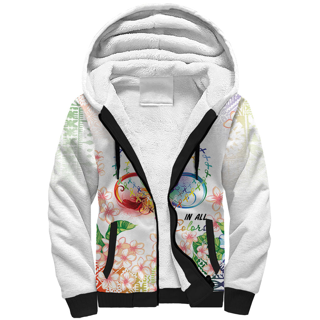 Fight Cancer In All Colors Sherpa Hoodie Plumeria Mix Tapa Pattern