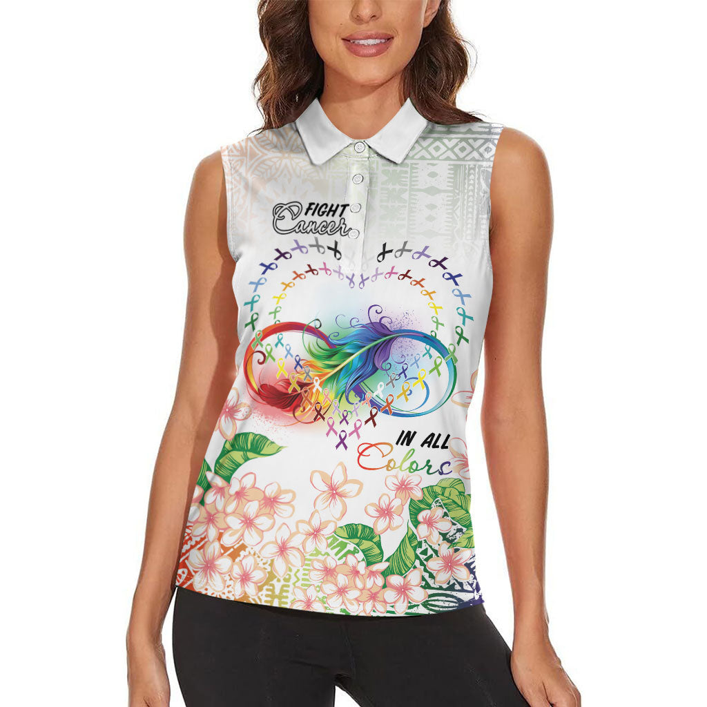 Fight Cancer In All Colors Women Sleeveless Polo Shirt Plumeria Mix Tapa Pattern