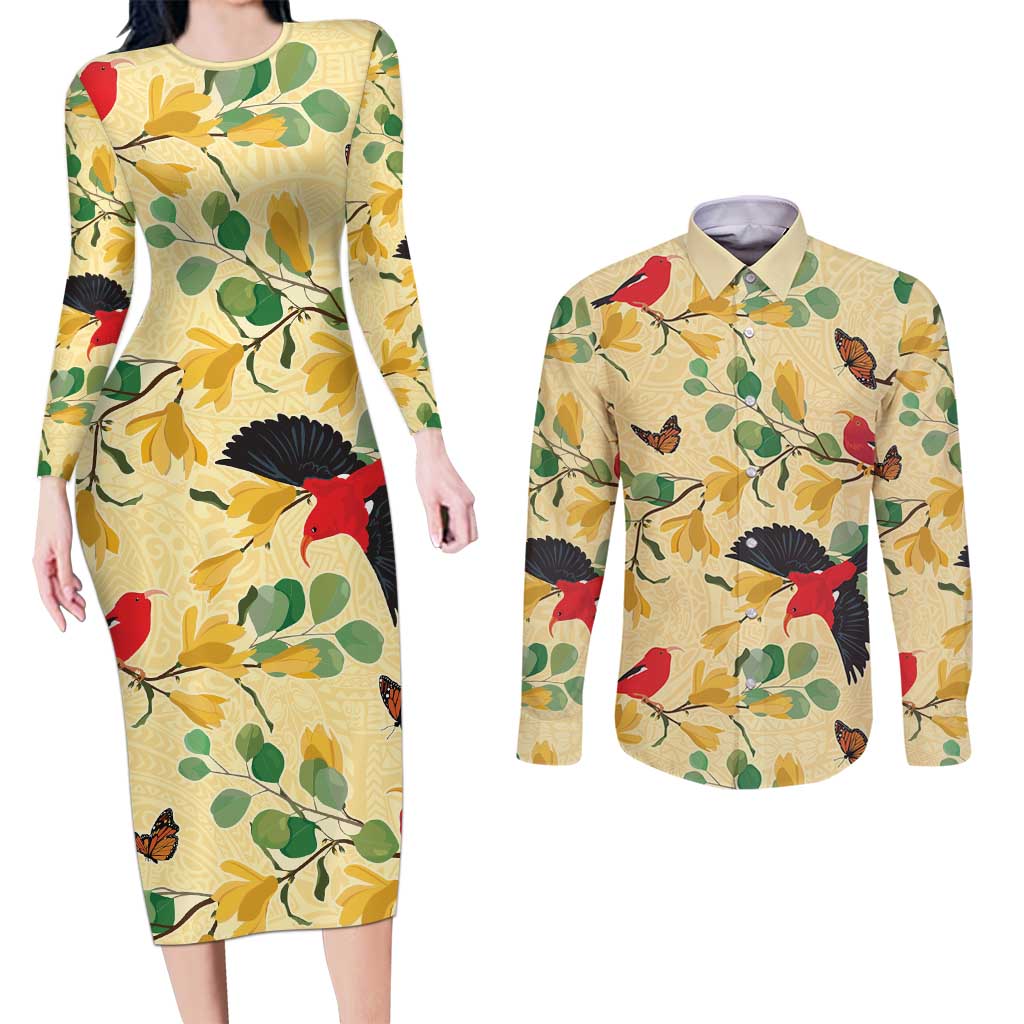 Aloha Hawaii Couples Matching Long Sleeve Bodycon Dress and Long Sleeve Button Shirt I'iwi on Mamane Pastel Cream