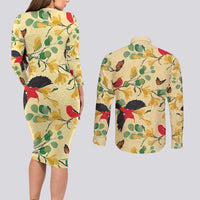 Aloha Hawaii Couples Matching Long Sleeve Bodycon Dress and Long Sleeve Button Shirt I'iwi on Mamane Pastel Cream